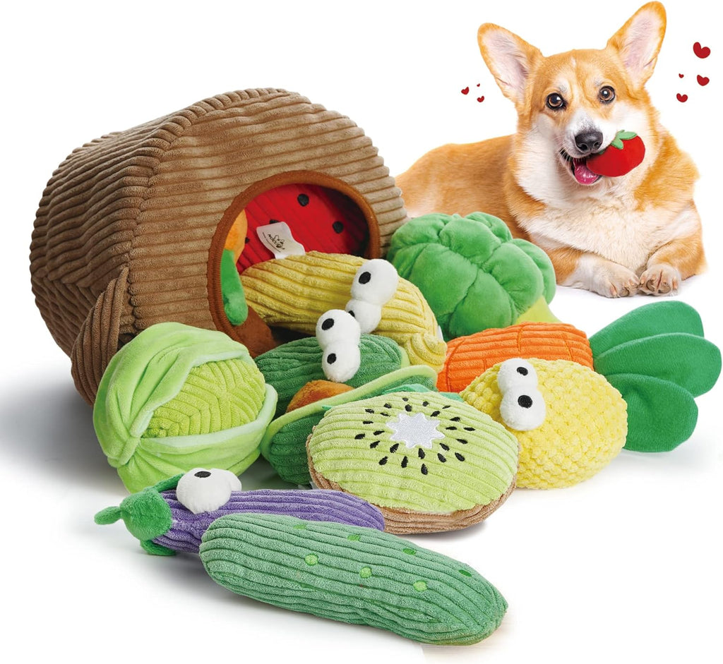Small Squeaky Crinkle Dog Toys- 15 Packs Grocery Basket Fruits Veggies Puppy Toys to Keep Busy, Cute Durable Plush Stuffed Hide Seek Cognitive Boredom Pet Supplies, Dog Birthday Gifts